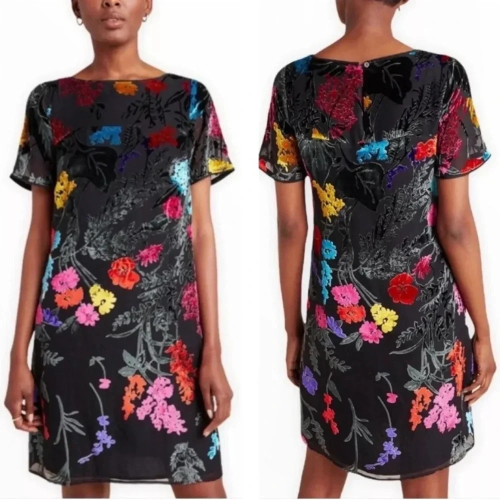 Anthropologie Black Floral Shift Dress with Multicolor Blooms
